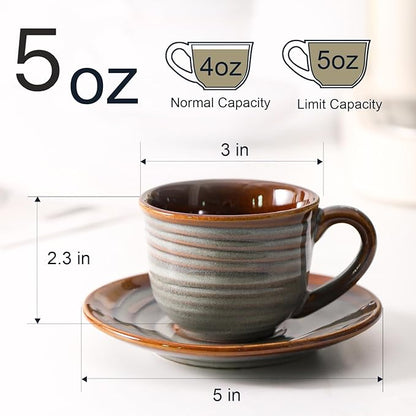 Ceramic Espresso Cups with Saucers 5 Oz,Set of 4 Porcelain Demitasse Cups Set,Small Coffee Cups with Handle for Coffee,Tea,Latte and Macchiato,Cappuccino Mugs for Kitchen and Cafe,Brown
