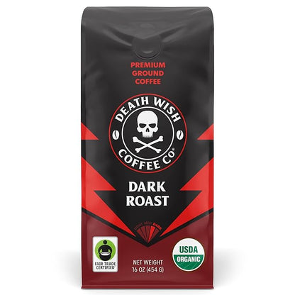 Death Wish Coffee, Organic and Fair Trade Dark Roast Ground Coffee, 16 oz