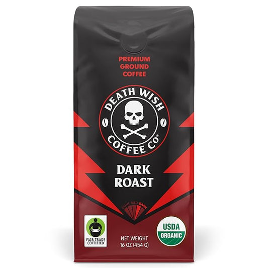 Death Wish Coffee, Organic and Fair Trade Dark Roast Ground Coffee, 16 oz