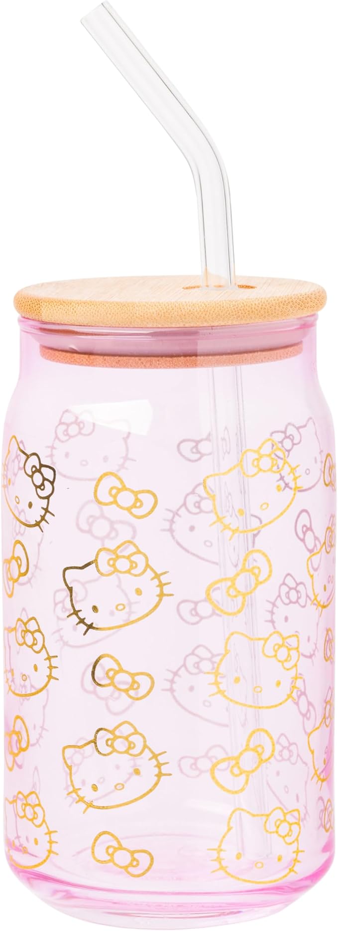 Silver Buffalo Sanrio Hello Kitty Gold 2 Pack Pink Glass Jar Tumbler with Bamboo Lid and Glass Straw, 16 Ounces