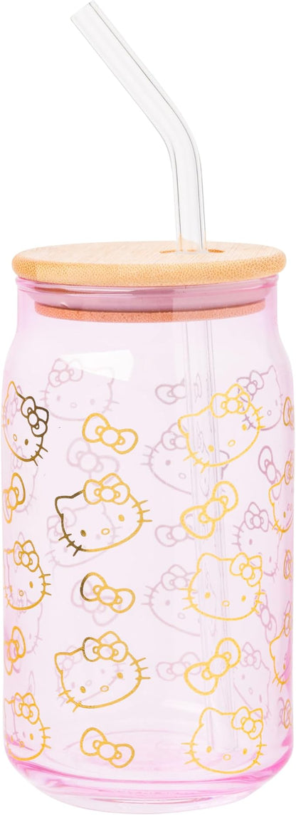 Silver Buffalo Sanrio Hello Kitty Gold 2 Pack Pink Glass Jar Tumbler with Bamboo Lid and Glass Straw, 16 Ounces