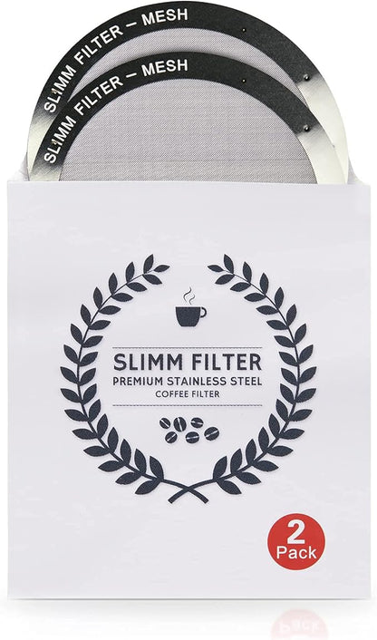 Reusable Filter Set by Slimm Filter - 2 Piece, Stainless Steel Metal - 2x Mesh Metal Filters For AeroPress Coffee & Espresso Maker, with Complimentary Recipe Book - Brew Barista-Grade Coffee At Home