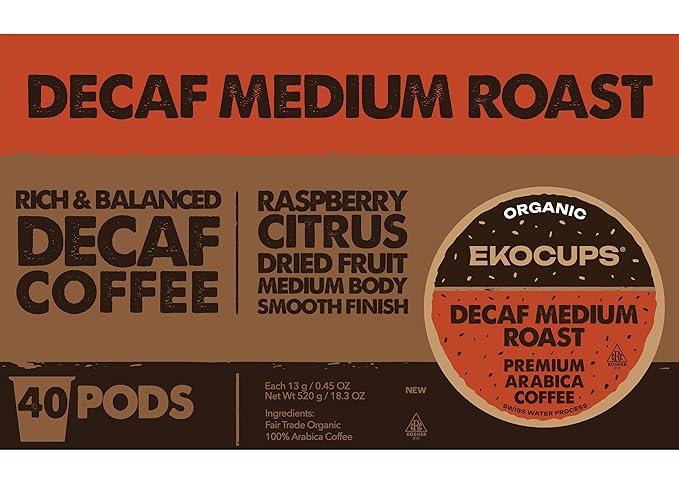EKOCUPS Organic Swiss Water Decaf Medium Roast Coffee Pods, 30% More Coffee Per Cup, Fair Trade Decaffeinated Coffee for Keurig K Cup Machines, Recyclable Pods, 40 Count