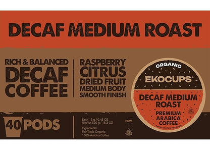 EKOCUPS Organic Swiss Water Decaf Medium Roast Coffee Pods, 30% More Coffee Per Cup, Fair Trade Decaffeinated Coffee for Keurig K Cup Machines, Recyclable Pods, 40 Count
