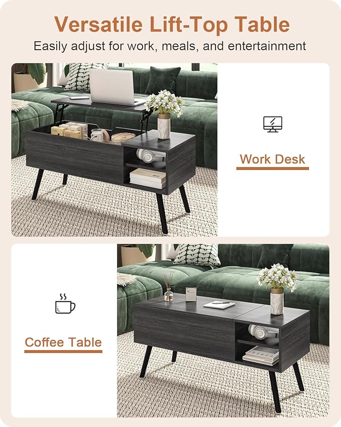 ALINE FURNITURE Gray Coffee Table Lift Top - Dark Grey Coffee Table with Solid Wood Legs, Hidden Storage Compartment & Open Shelves - 40" Rectangle Coffee Tables for Living Room