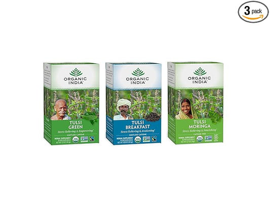 Organic India Energizing Tulsi Herbal Tea Favorites - Breakfast, Green, Moringa - Holy Basil, Adaptogen, Vegan, USDA Certified Organic, Non-GMO - 18 Infusion Bags per Box (Pack of 3)