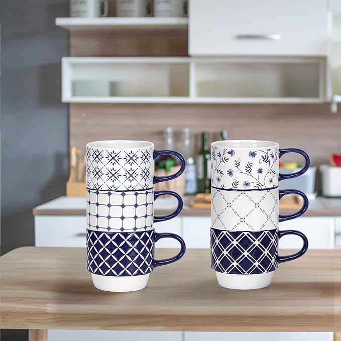 Schliersee 12 OZ Stackable Ceramic Coffee Mugs set of 6, Geometric Floral Pattern Small Mug, Blue White Porcelain Coffee Mug, Stacking Coffee Mugs, Tea Mug, Water Cup, Dishwasher Safe, Microwave Safe