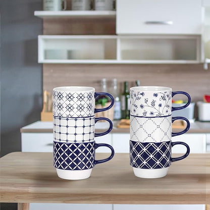 Schliersee 12 OZ Stackable Ceramic Coffee Mugs set of 6, Geometric Floral Pattern Small Mug, Blue White Porcelain Coffee Mug, Stacking Coffee Mugs, Tea Mug, Water Cup, Dishwasher Safe, Microwave Safe