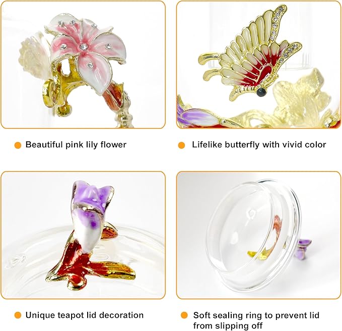 Lily Flower Enamel Glass Teapot - 46oz/1300ml, Floral Teapot With Removable Loose Tea Leaf Infuser