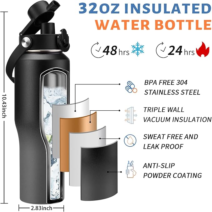 Insulated Water Bottle Fit in Car Cup Holder - 32oz Stainless Steel Tumblers with Straw & Spout Lids, Paracord Handle, Carrier Bag & Bottle Boot, Insulated Tumbler Mug Keep Cold-48H &Hot-12H