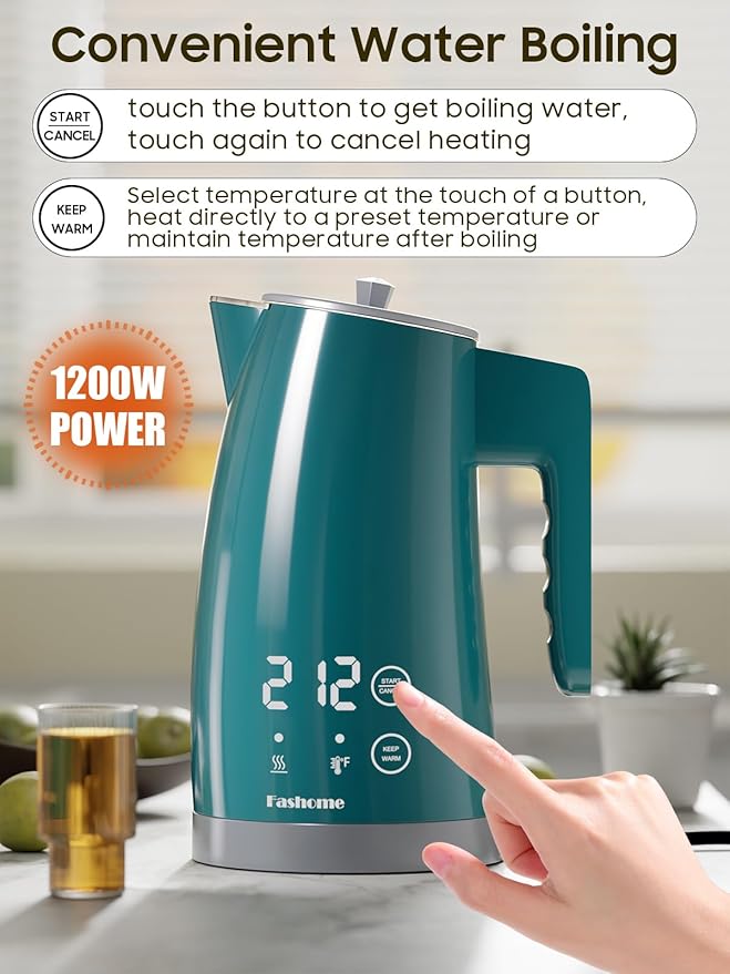 Temperature Control Electric Kettle, 5 Temp Presets, 2H Keep Warm, 1.25L 1200W Fast Boil with LED Display, Cool-Touch Design with Auto Shut-Off, Cordless Design, Ideal for Tea and Coffee（Green）