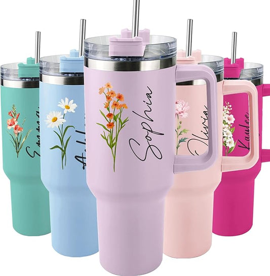 Personalized 40 Oz Tumbler with Handle and Straw, Custom Cup with Name & Birth Flower, Stainless Steel Travel Coffee Tumbler,Personalized Christmas Birthday Gifts for Women, Teen Girls