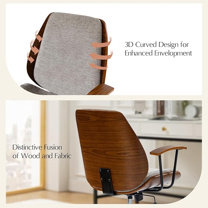 HULALA HOME Solid Wood Office Chair with Rocking Function, Comfy Fabric Desk Chair with Bent Wood and Metal Base, Height Adjustable Swivel Computer Task Chair, Tan