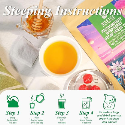 WT WEETEE Decaf Passionfruit Raspberry Green Tea, 100 Count Passion Fruit Raspberry Flavored Decaffeinated Green Tea Bags, CO2 Decaffeination