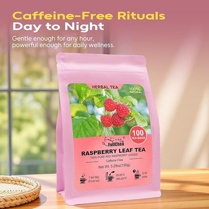 FullChea - Raspberry Leaf Tea Bag, 100 Count - Natural Pregnancy Tea for Women's Wellness, Menstrual Cycle & Uterine Health - Pure Red Raspberry Leaves - Non-GMO - Caffeine-free