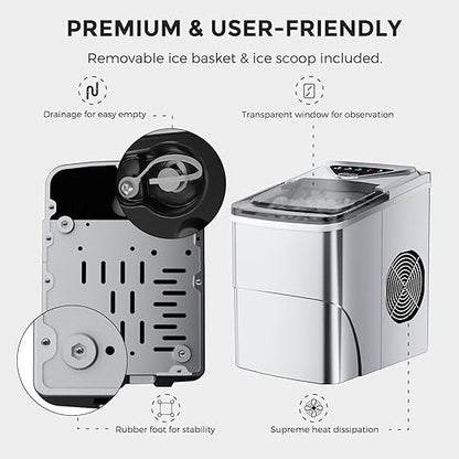 Ice Makers Countertop, Self-Cleaning Function, Portable Electric Ice Cube Maker Machine, 9 Bullet Ice Ready in 6 Mins, 26lbs 24Hrs with Ice Bags and Ice Scoop Basket for Home Bar Camping RV(Silver)