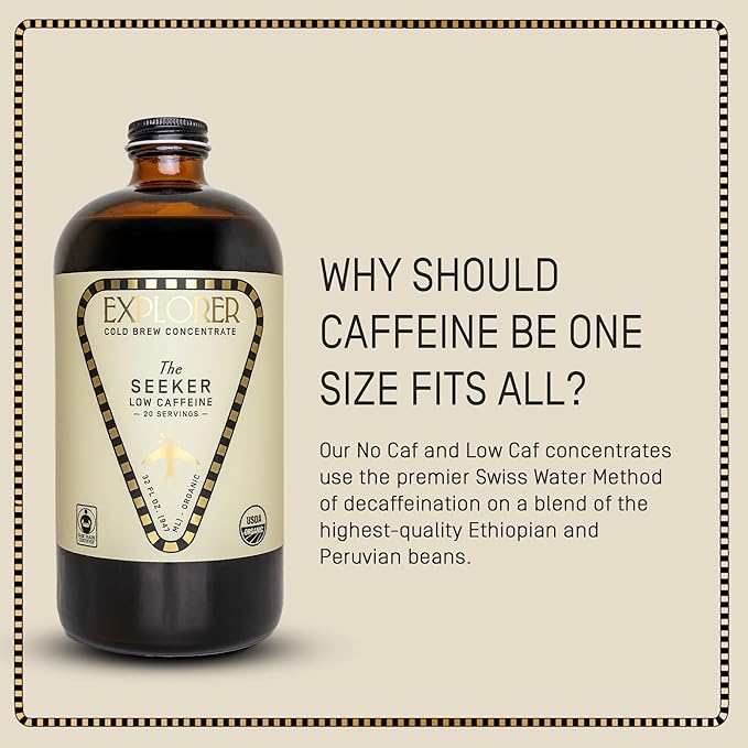 Explorer Cold Brew Organic Liquid Coffee Concentrate, Seeker Low Caffeine, Drink Iced or Hot, 32 fl oz, Makes 20+ Cups