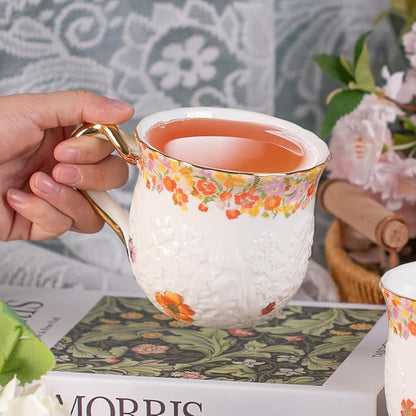 KAMMAK Coffee Mugs Ceramic Espresso Cups 16oz Porcelain Tea Cups Set of 2 Large Cappuccino Mugs with Handle Demitasse Mug for Hot Cocoa, Latte, Breakfast Cereal, Americano (Flower)