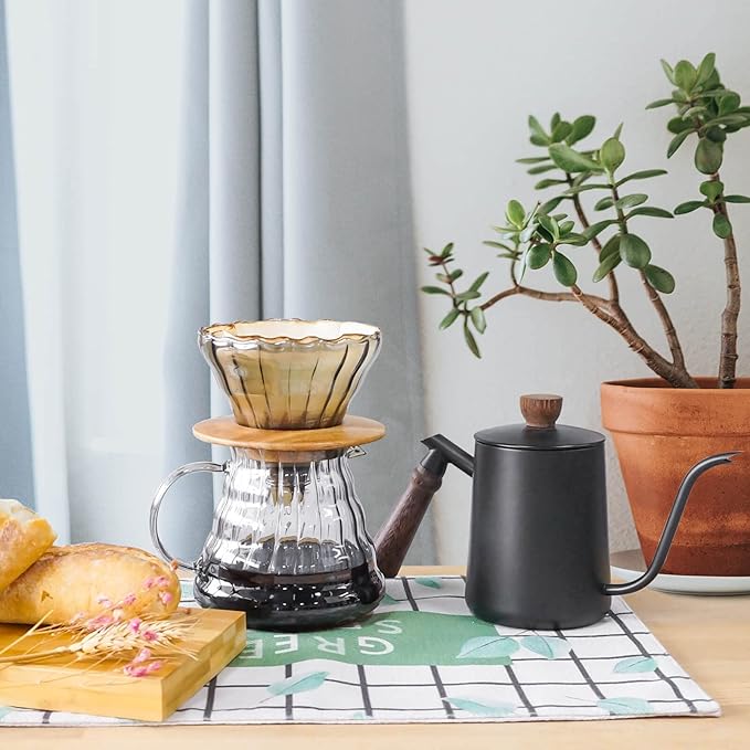 SOTECH Pour Over Coffee Maker Set with Black Gooseneck Kettle, Wooden Pad Holder, Coffee Dripper Server, DIY Manual Portable Coffee Maker Set