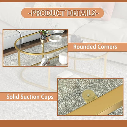 Coffee Table Gold Glass Coffee Table for Living Room,2 Tiers Oval Center Table with Sturdy Metal Frame,Modern Tempered Glass Accent Table for Bedroom Home Office