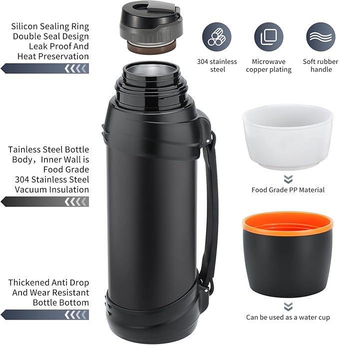 Large Thermosflask- 85oz Stainless Steel Insulated Bottle for Travel with BPA Free Cup - 2.5L Oversized Vacuum Insulated Thermoses with Handle and Strap for Hot & Cold Drinks(Black)