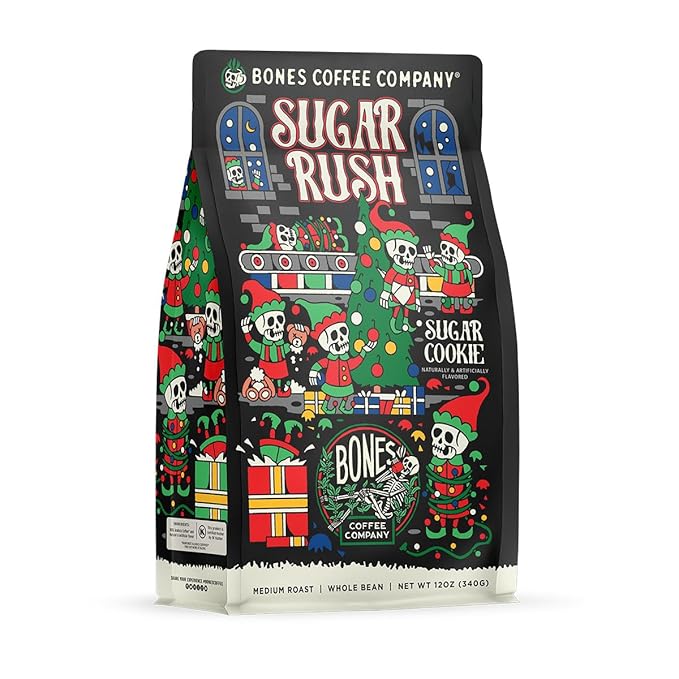 Bones Coffee Company Sugar Rush, Sugar Cookies Flavored Coffee, Medium Roast Low Acid Arabica Beans Compatible with Auto drip and French Press Coffee Maker, 12 Oz Whole Bean
