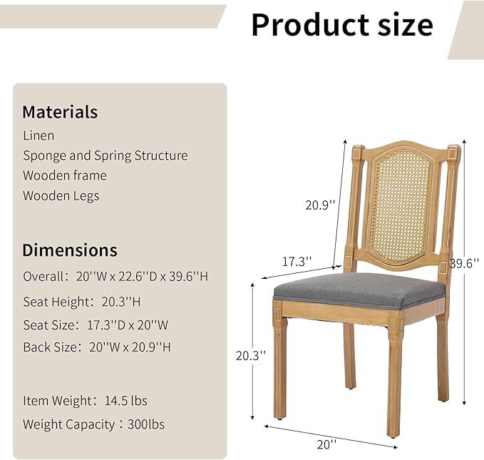 Vintage French Country Dining Room Chairs Set of 8, Rattan Dining Chairs with a Designer Backrest, Upholstered Dining Chair, Sillas para Comedor, Kitchen & Dining Room Chair (Gray, Rattan, 8Pcs)