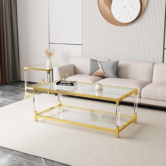 47 inch Glass Coffee Table with Gold Chrome Metal Base, 2-Tier Rectangle Clear Glass Center Table Tea Tables, Modern Coffee Table Living Room Table Cocktail Table, 47" Acrylic Center Tables