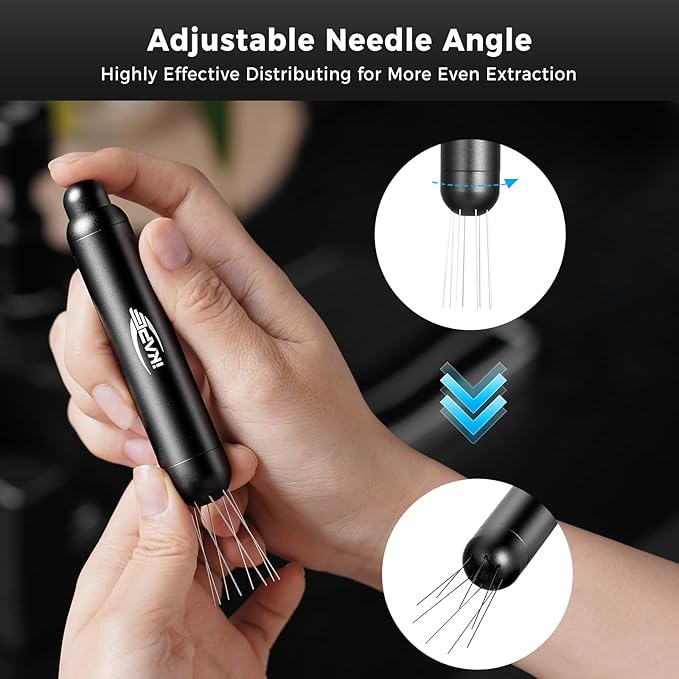 IKAPE Retractable Coffee WDT Tool, One-Press Release Espresso Stirrer Distribution Tool, 0.4mm 8 Adjustable Needles, Even Coffee Grounds Distribution with Stand & Extra Needles
