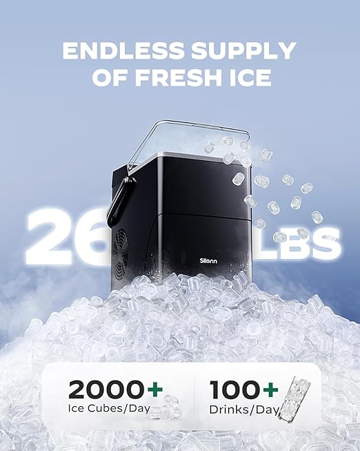 Silonn Countertop Ice Maker with Expanding Ice Basket, 9 Cubes in 6 Mins, 2.5L Ice Basket, Self-Cleaning Ice Maker with LED Touch Control, 2 Bullet Ice Sizes for Home, Kitchen, Office
