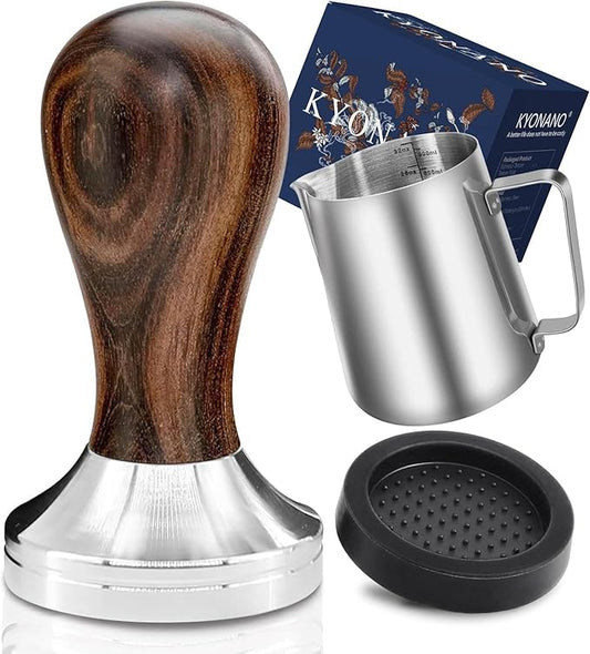 KYONANO Espresso Accessories - Espresso Tamper 51mm - Tamper with Chacate Preto Wood Handle -Coffee Tamper Plus Milk Frothing Pitcher 350ml, Silicone Tamper Mat -Tamper fits 51mm Delonghi Portafilter