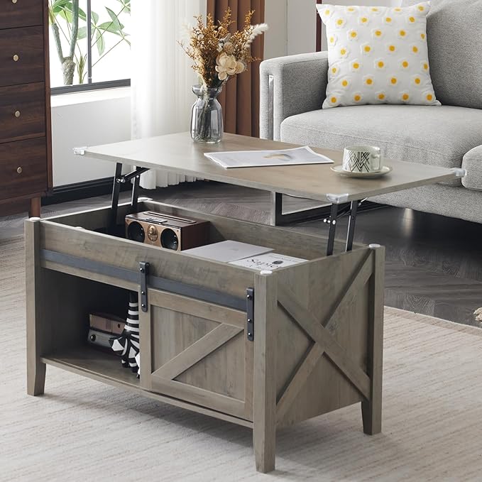 VINGLI Rustic Grey Lift Top Coffee Table, 36" Small Farmhouse Barn Door Coffee Table with Storage, Rectangular Center Coffe Table with Lifting Top, Lift Up Living Room Tables with Hidden Compartment