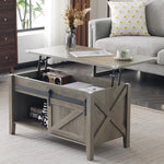 Load image into Gallery viewer, VINGLI Rustic Grey Lift Top Coffee Table, 36" Small Farmhouse Barn Door Coffee Table with Storage, Rectangular Center Coffe Table with Lifting Top, Lift Up Living Room Tables with Hidden Compartment