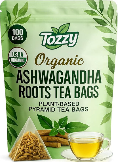 Tozzy Organic Ashwagandha Tea - 100 Count | Pyramid Tea Bags (Plant-Based & Eco-conscious) | Pure Ingredients