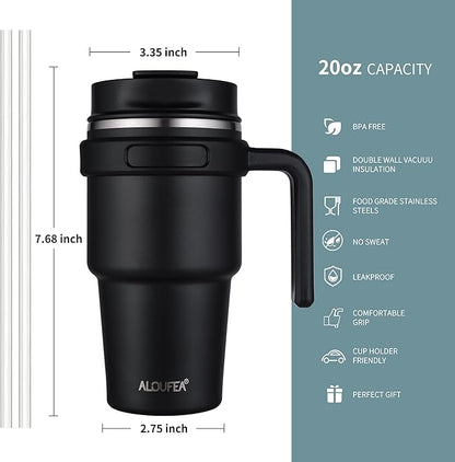 ALOUFEA 20 oz Insulated Coffee Mug Tumbler with Handle, Stainless Steel Travel Mug Tumbler with Lid and Straw,Double Wall Vacuum Leak Proof Ice Coffee Thermal Cup, Meadow