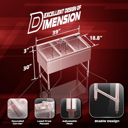 DuraSteel 3 Compartment Sink Commercial Kitchen Sink - NSF Stainless Steel Triple Three Bay Utility with CEC No Lead Faucet - No Drainboard Restaurant Bar Small Garage Slop Prep Food Truck Large