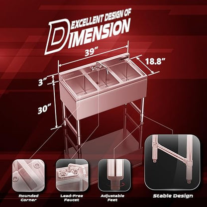 DuraSteel 3 Compartment Sink Commercial Kitchen Sink - NSF Stainless Steel Triple Three Bay Utility with CEC No Lead Faucet - No Drainboard Restaurant Bar Small Garage Slop Prep Food Truck Large
