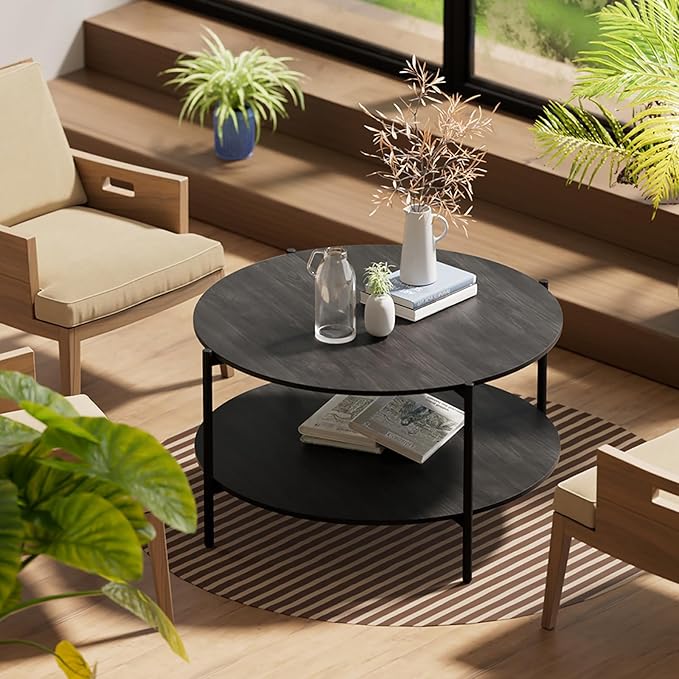 Round Coffee Table, 2-Tier 32.9" Circle Coffee Tables with Storage Wood Rustic Farmhouse Center Circular Coffee Table for Living Room Bedroom Balcony Office - Grey