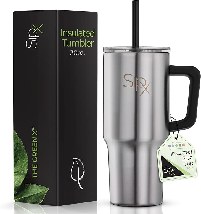 SIPX™ Insulated Tumbler With Lid And Straw, 30oz. Tumbler With Handle Keeps Cold 12 Hours, Water Bottle Thermos With Lid, BPA-Free Reusable Insulated Coffee Tumblers, Travel Mug Great For Beach Party