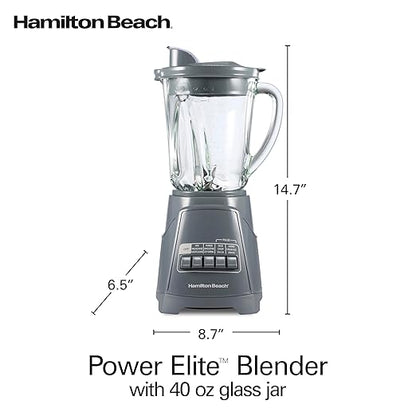 Hamilton Beach Power Elite Wave Action Blender For Smoothies, 40 Oz Glass Jar, 12 Functions Including Puree, Crush Ice, 700 Watts, Grey (58153J)