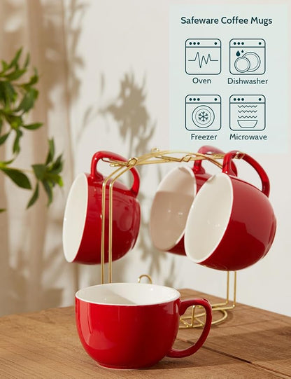 Teocera 16oz Large Coffee Mugs Set of 4 - Thick White Porcelain Cups for Cappuccino, Latte, Tea & Hot Chocolate - Dishwasher Safe Ceramic with Comfort Grip Handles (Red)