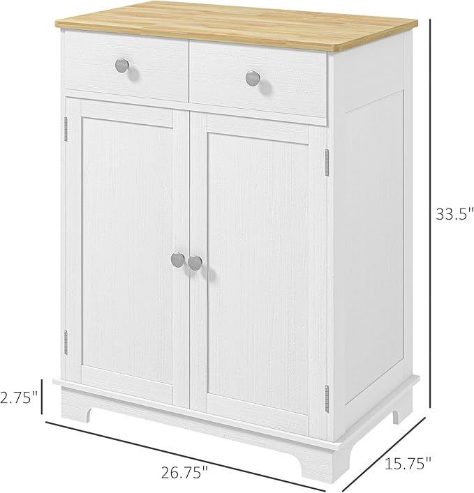 HOMCOM Sideboard with Solid Wood Countertop, Modern Kitchen Storage Cabinet, Coffee Bar Cabinet with 2 Drawers, Doors and Adjustable Shelf, Distressed White