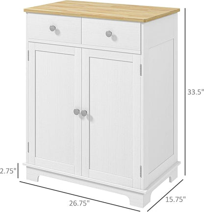 HOMCOM Sideboard with Solid Wood Countertop, Modern Kitchen Storage Cabinet, Coffee Bar Cabinet with 2 Drawers, Doors and Adjustable Shelf, Distressed White