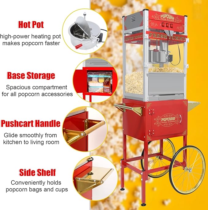 20oz Popcorn Machine with Cart, Wheels & Stainless Steel Kettle, Vintage Movie Theater Style, Popcorn Maker Machine for Parties, Events, Home & Commercial Use, Red