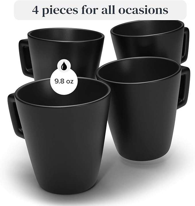 Stoneware Coffee Mugs Set of 4, Stylish Black Matte, 10.5 Oz Ceramic Cups, Dishwasher and Microwave Safe, Large Mugs