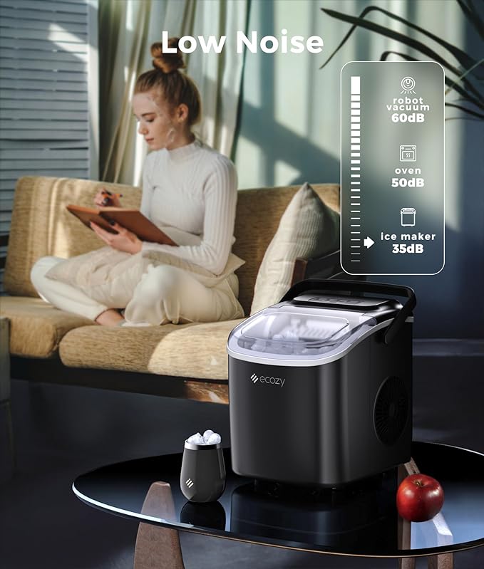 ecozy Ice Maker Countertop, 9 Cubes Ready in 6 Mins, 26 lbs per Day, Portable Ice Machine with Self-Cleaning, 2 Ice Sizes for Home, Kitchen, Camping, Office, RV, Cup Included, Black
