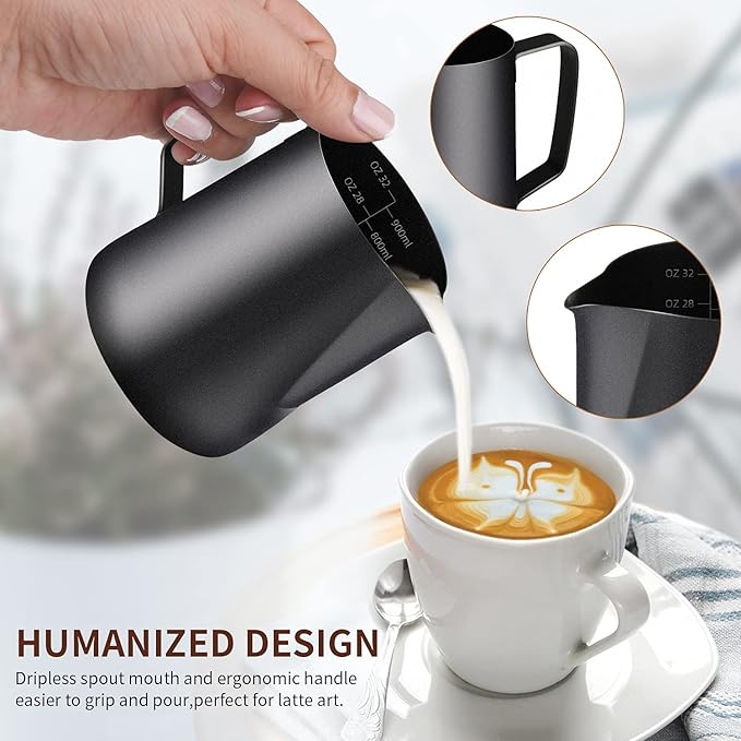 Milk Frothing Pitcher, Stainless Steel Espresso Steaming Pitcher 320Z/900ML Coffee Milk Frother Cup with Decorating Art Pen for Espresso Machine, Milk Frother, Latte Art Black