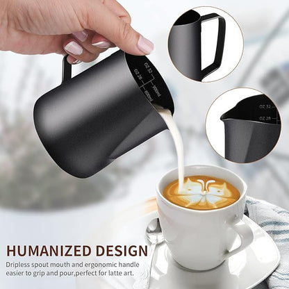 Milk Frothing Pitcher, Stainless Steel Espresso Steaming Pitcher 320Z/900ML Coffee Milk Frother Cup with Decorating Art Pen for Espresso Machine, Milk Frother, Latte Art Black