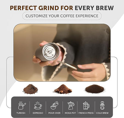 Manual Coffee Bean Grinder 5 in 1 Accessories 25G, Portable French Press 12 Adjustable Setting Espresso Grinder, Conical Coffee Burr Grinder with Double Bearing, Steel Body