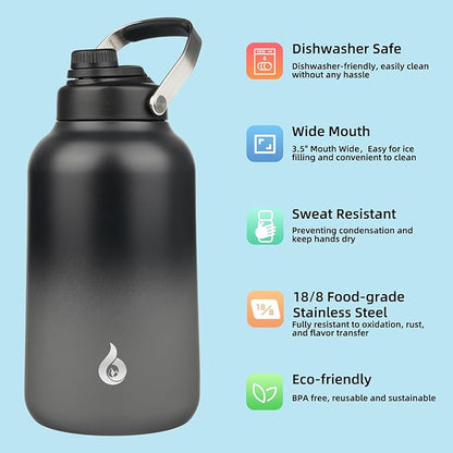 BJPKPK 1 Gallon Water Bottle Insulated, Dishwasher Safe 128oz Large Water Jug with Metal Handle & BPA Free Spout Lid, Stainless Steel Metal Thermo for Gym, Sports & Hiking, Black Grey